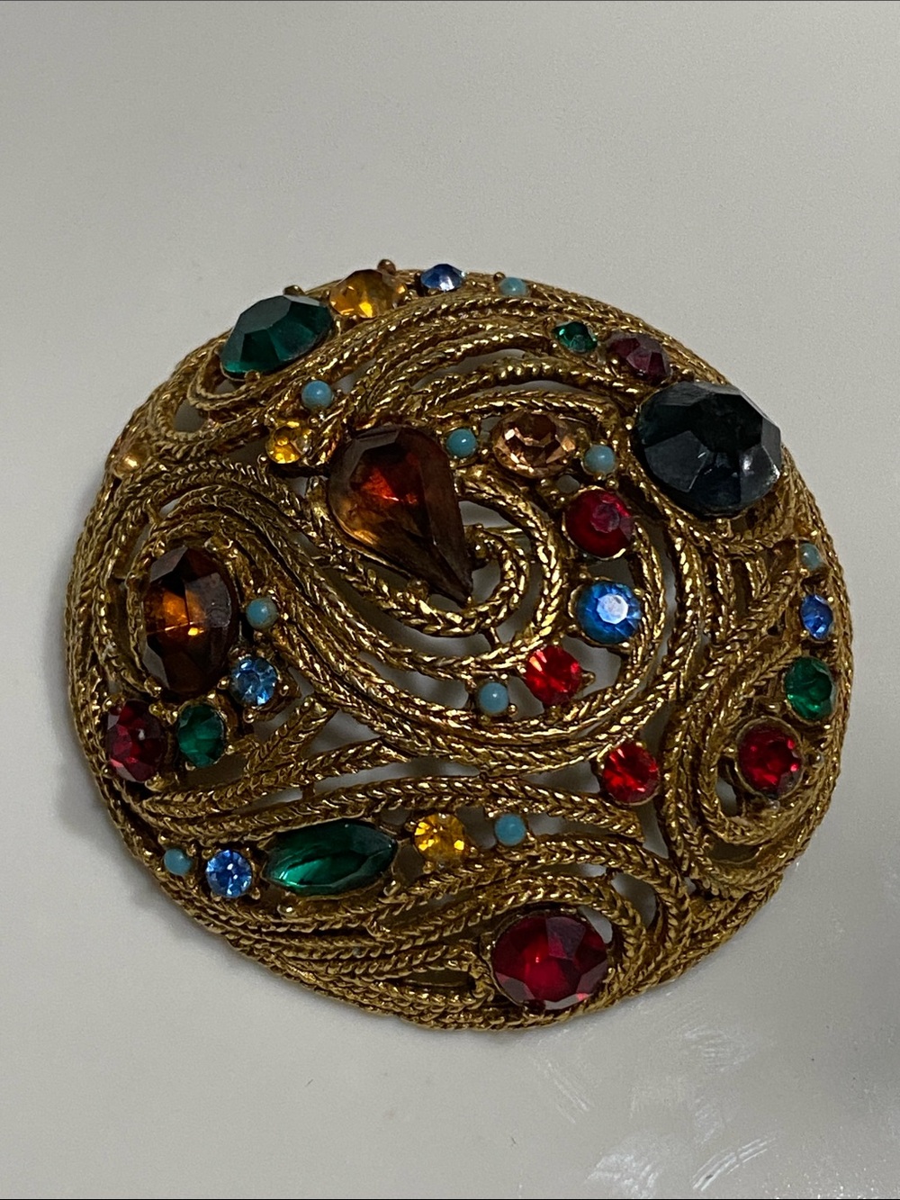 RARE La Roco Filigree Round Dome Brooch with Multicolor Stone Swirls